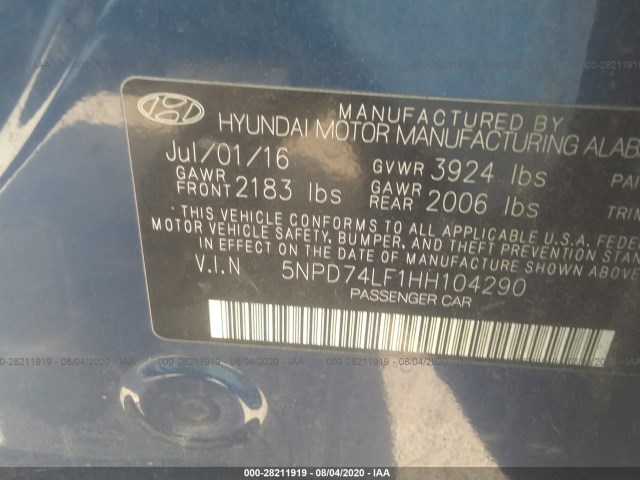 Photo 8 VIN: 5NPD74LF1HH104290 - HYUNDAI ELANTRA 