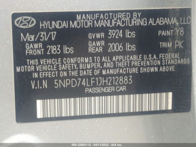 Photo 8 VIN: 5NPD74LF1JH212883 - HYUNDAI ELANTRA 