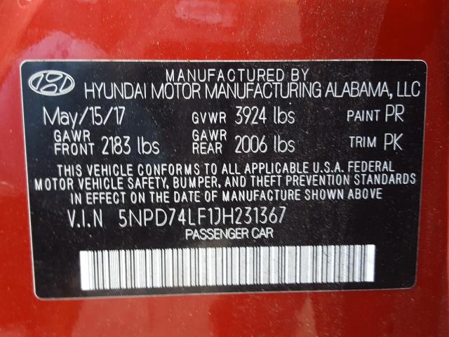 Photo 9 VIN: 5NPD74LF1JH231367 - HYUNDAI ELANTRA SE 