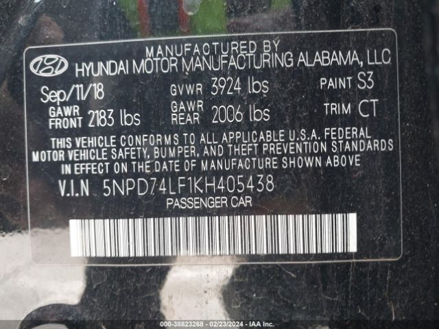 Photo 8 VIN: 5NPD74LF1KH405438 - HYUNDAI ELANTRA 