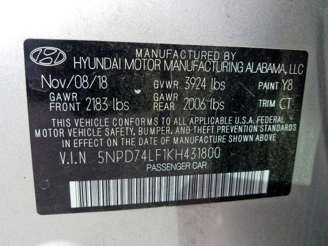 Photo 9 VIN: 5NPD74LF1KH431800 - HYUNDAI ELANTRA SE 