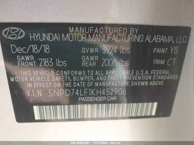 Photo 8 VIN: 5NPD74LF1KH452906 - HYUNDAI ELANTRA 