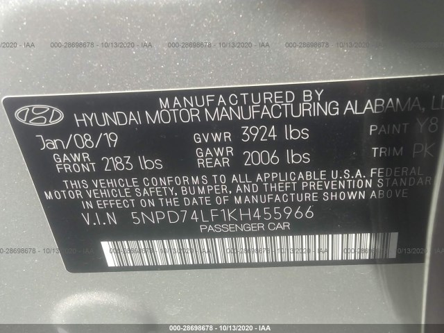 Photo 8 VIN: 5NPD74LF1KH455966 - HYUNDAI ELANTRA 