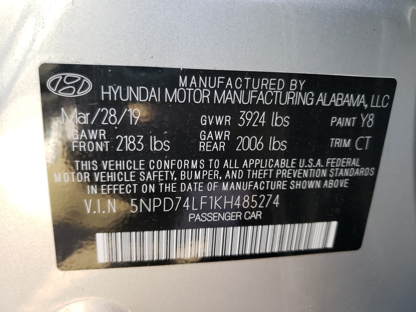 Photo 9 VIN: 5NPD74LF1KH485274 - HYUNDAI ELANTRA SE 