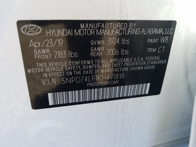 Photo 9 VIN: 5NPD74LF1KH491818 - HYUNDAI ELANTRA SE 