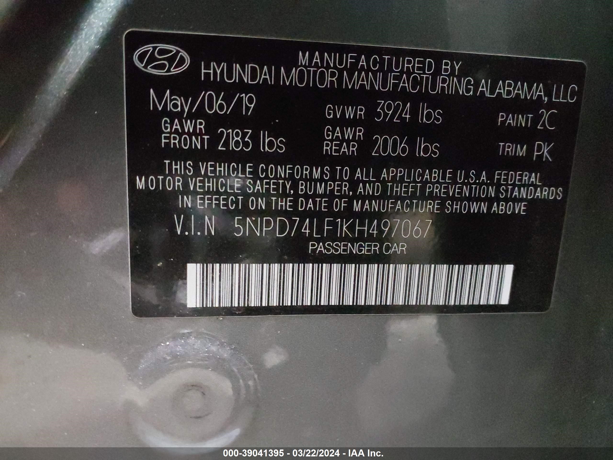 Photo 4 VIN: 5NPD74LF1KH497067 - HYUNDAI ELANTRA 