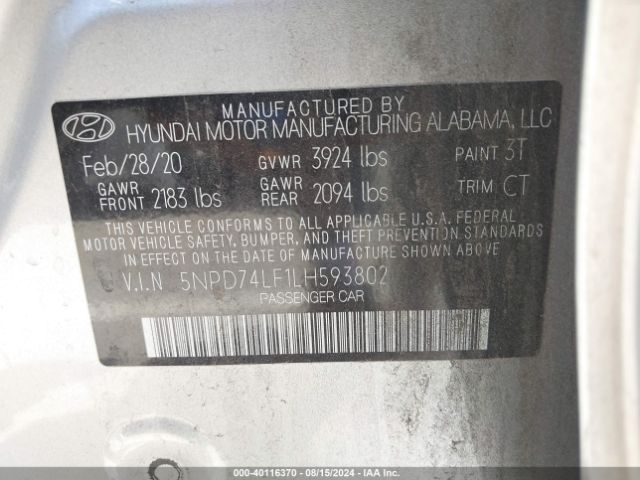 Photo 8 VIN: 5NPD74LF1LH593802 - HYUNDAI ELANTRA 