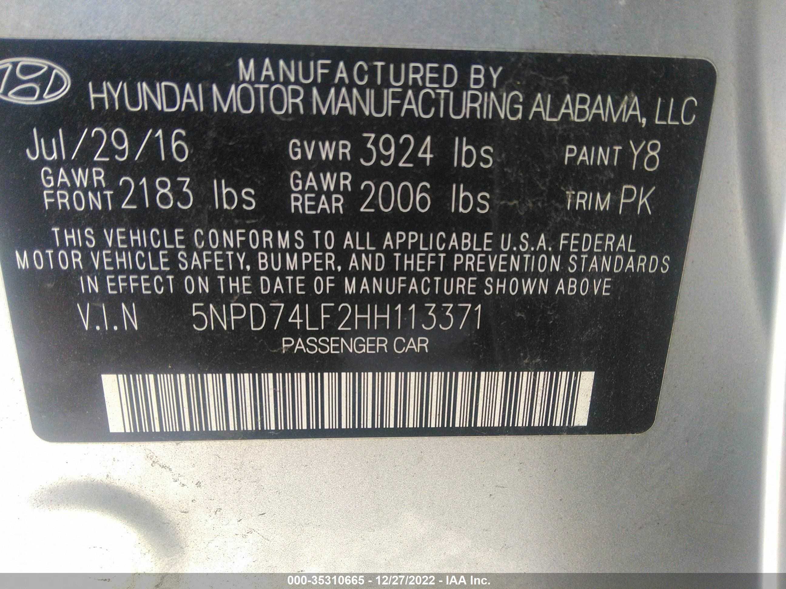 Photo 8 VIN: 5NPD74LF2HH113371 - HYUNDAI ELANTRA 