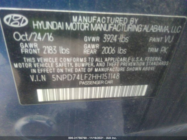 Photo 8 VIN: 5NPD74LF2HH151148 - HYUNDAI ELANTRA 