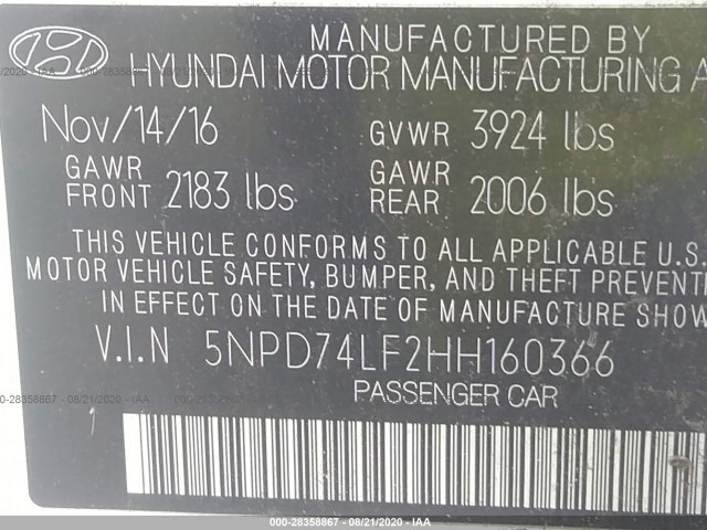 Photo 8 VIN: 5NPD74LF2HH160366 - HYUNDAI ELANTRA 