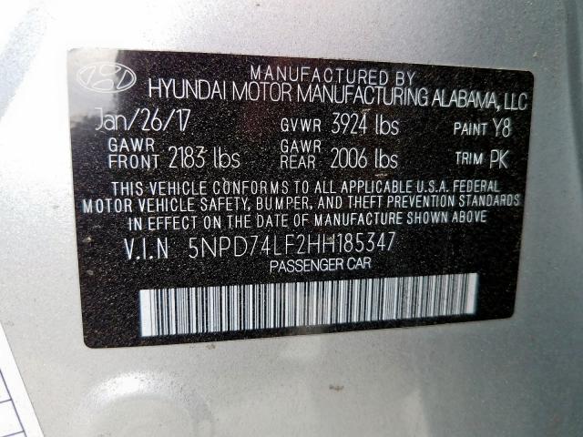 Photo 9 VIN: 5NPD74LF2HH185347 - HYUNDAI ELANTRA SE 