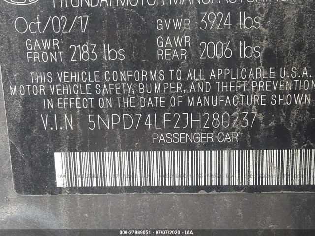 Photo 8 VIN: 5NPD74LF2JH280237 - HYUNDAI ELANTRA 