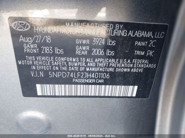 Photo 8 VIN: 5NPD74LF2JH401106 - HYUNDAI ELANTRA 