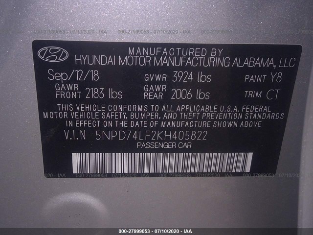 Photo 8 VIN: 5NPD74LF2KH405822 - HYUNDAI ELANTRA 