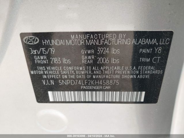 Photo 8 VIN: 5NPD74LF2KH458875 - HYUNDAI ELANTRA 