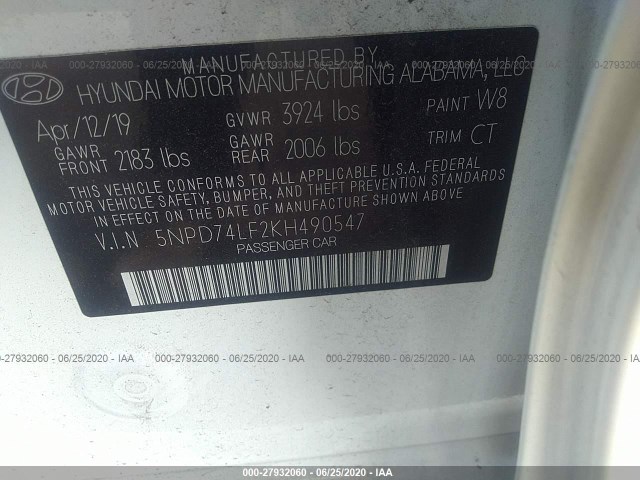 Photo 8 VIN: 5NPD74LF2KH490547 - HYUNDAI ELANTRA 