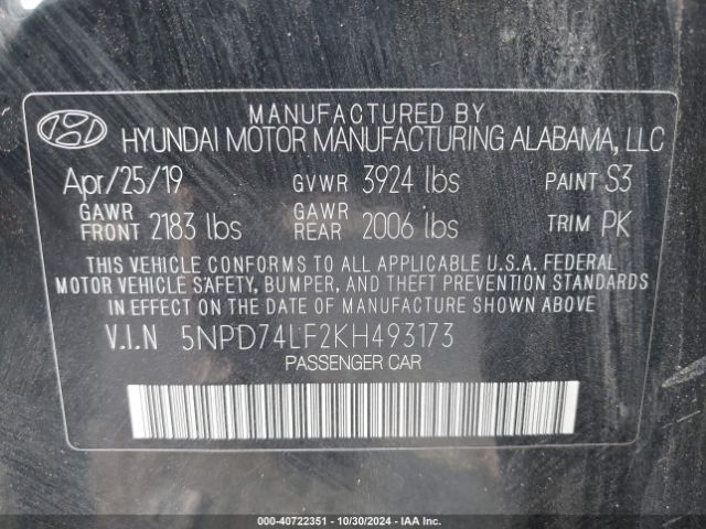 Photo 8 VIN: 5NPD74LF2KH493173 - HYUNDAI ELANTRA 