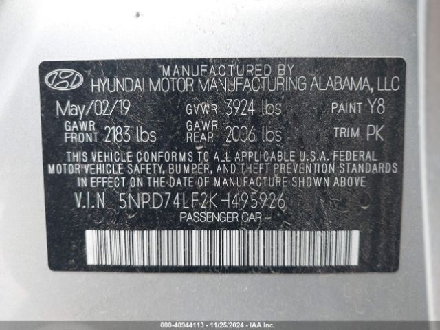 Photo 8 VIN: 5NPD74LF2KH495926 - HYUNDAI ELANTRA 