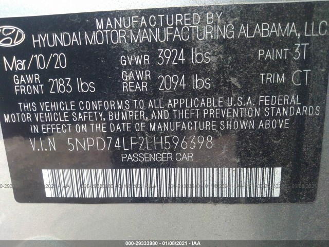 Photo 8 VIN: 5NPD74LF2LH596398 - HYUNDAI ELANTRA 