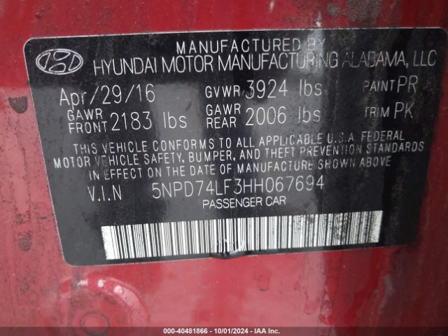 Photo 8 VIN: 5NPD74LF3HH067694 - HYUNDAI ELANTRA 