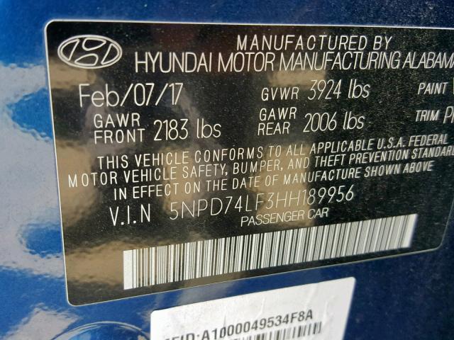 Photo 9 VIN: 5NPD74LF3HH189956 - HYUNDAI ELANTRA SE 