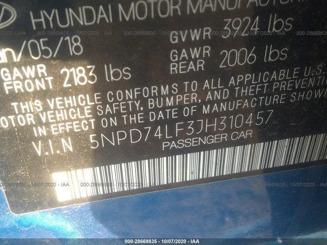 Photo 8 VIN: 5NPD74LF3JH310457 - HYUNDAI ELANTRA 