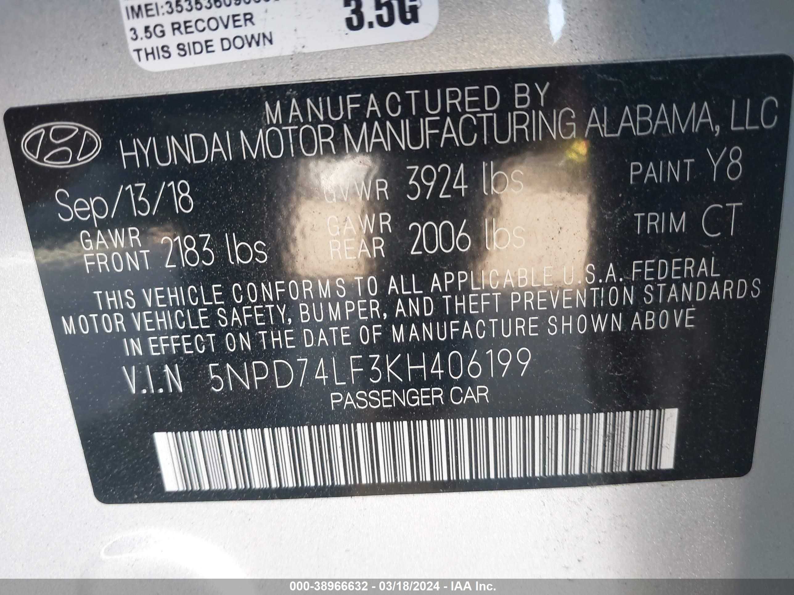 Photo 8 VIN: 5NPD74LF3KH406199 - HYUNDAI ELANTRA 