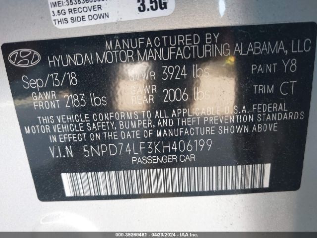 Photo 8 VIN: 5NPD74LF3KH406199 - HYUNDAI ELANTRA 