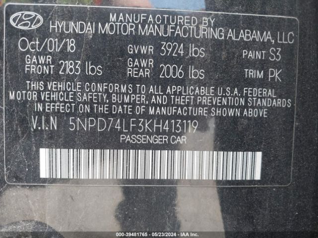 Photo 8 VIN: 5NPD74LF3KH413119 - HYUNDAI ELANTRA 