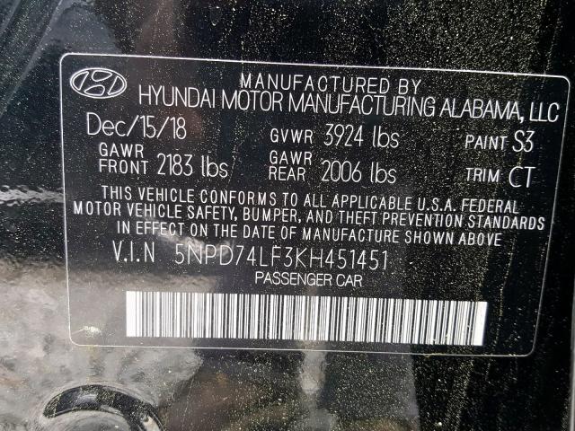 Photo 9 VIN: 5NPD74LF3KH451451 - HYUNDAI ELANTRA SE 