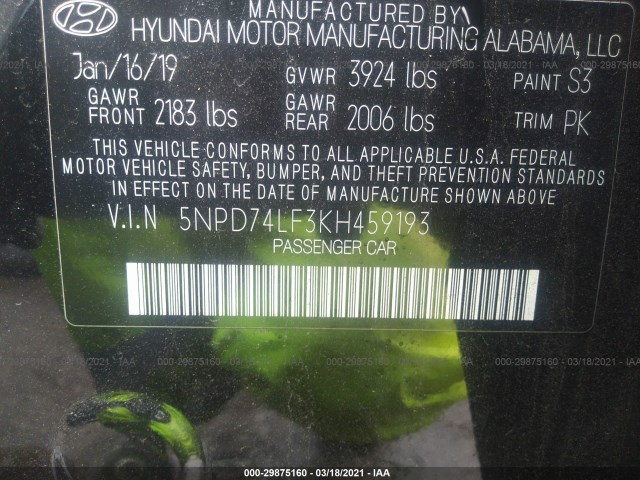 Photo 8 VIN: 5NPD74LF3KH459193 - HYUNDAI ELANTRA 