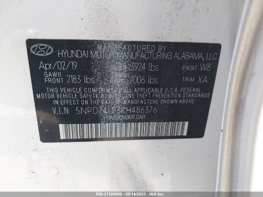 Photo 8 VIN: 5NPD74LF3KH486376 - HYUNDAI ELANTRA 