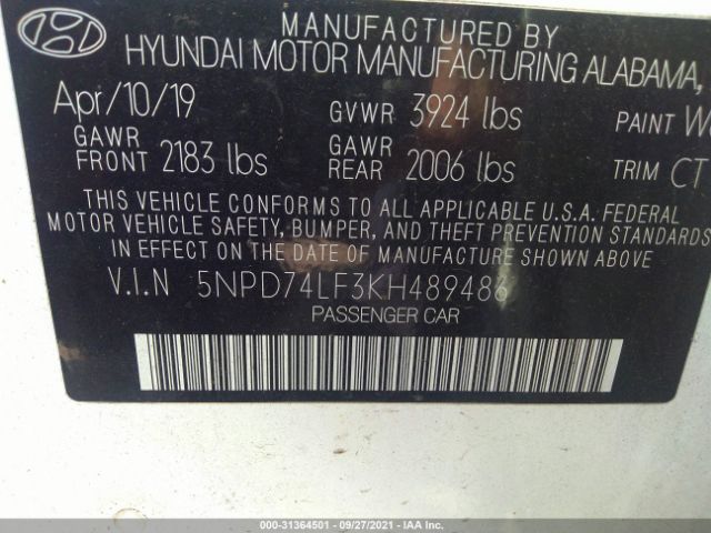 Photo 8 VIN: 5NPD74LF3KH489486 - HYUNDAI ELANTRA 