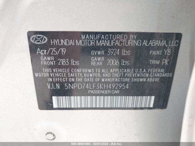 Photo 8 VIN: 5NPD74LF3KH492954 - HYUNDAI ELANTRA 