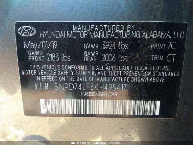 Photo 8 VIN: 5NPD74LF3KH495417 - HYUNDAI ELANTRA 