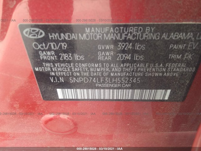 Photo 8 VIN: 5NPD74LF3LH552345 - HYUNDAI ELANTRA 