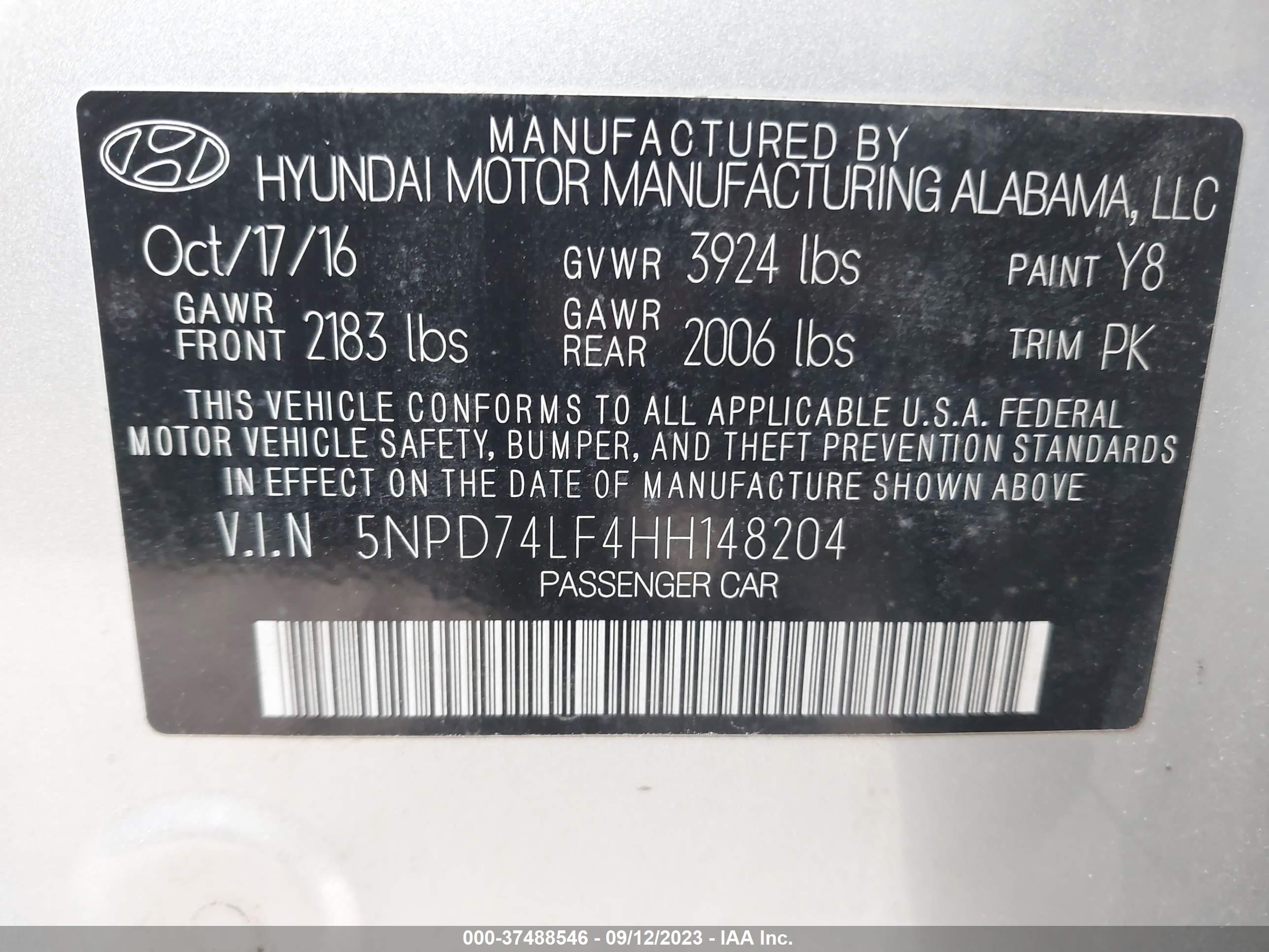 Photo 8 VIN: 5NPD74LF4HH148204 - HYUNDAI ELANTRA 