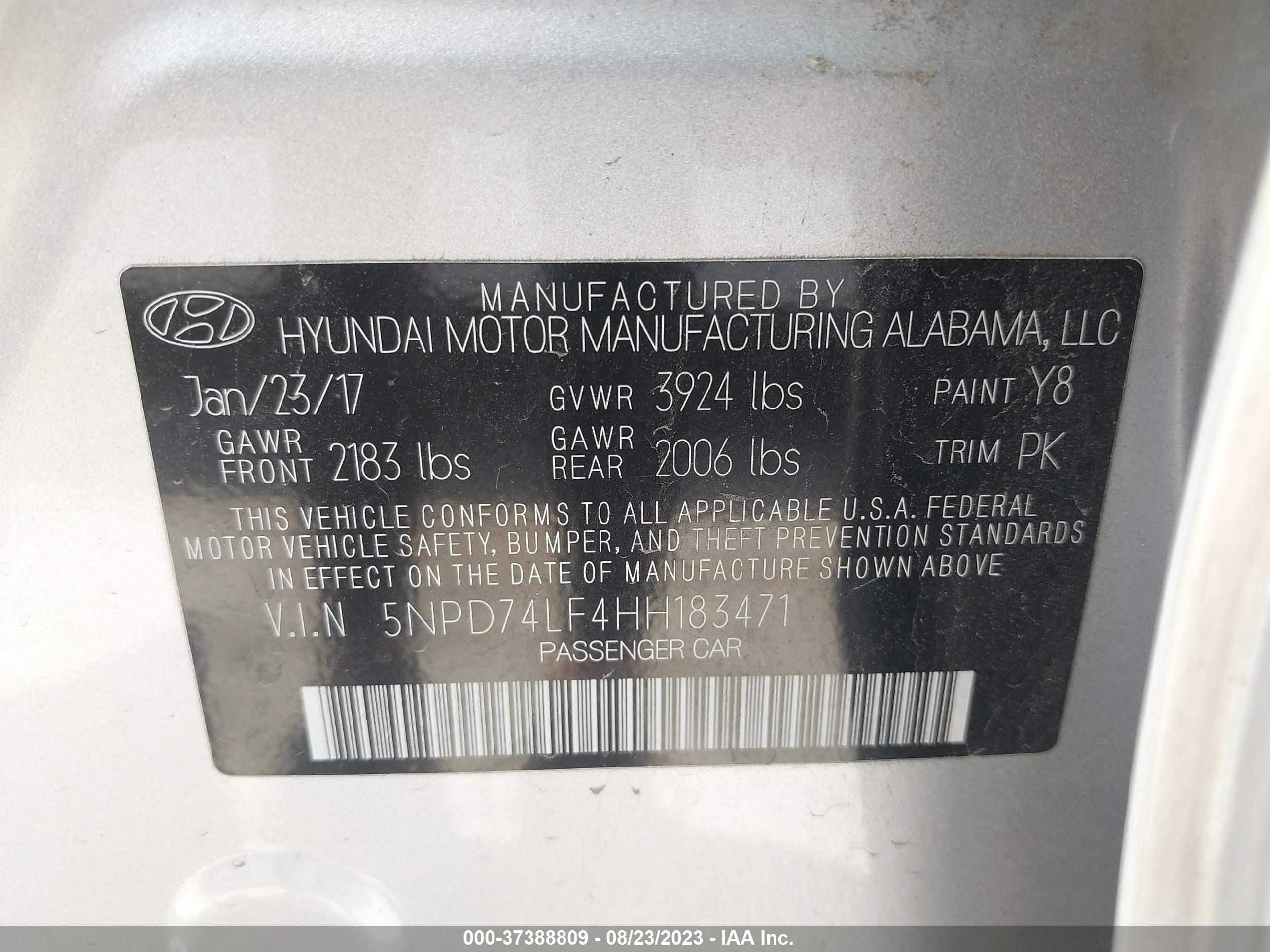 Photo 8 VIN: 5NPD74LF4HH183471 - HYUNDAI ELANTRA 