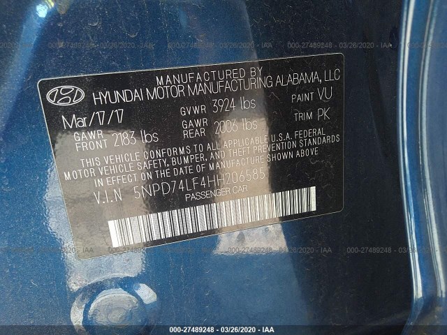 Photo 8 VIN: 5NPD74LF4HH206585 - HYUNDAI ELANTRA 