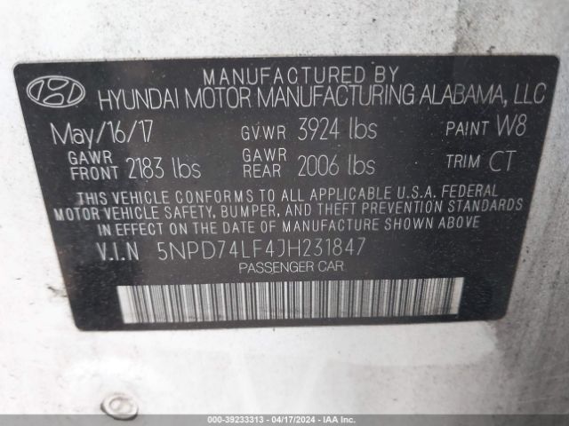 Photo 8 VIN: 5NPD74LF4JH231847 - HYUNDAI ELANTRA 