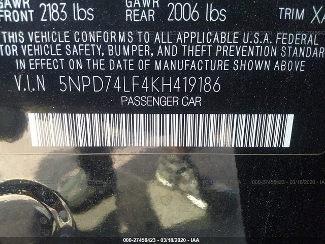 Photo 8 VIN: 5NPD74LF4KH419186 - HYUNDAI ELANTRA 