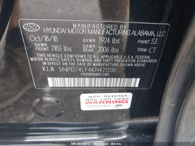 Photo 8 VIN: 5NPD74LF4KH421200 - HYUNDAI ELANTRA 