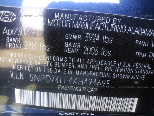 Photo 8 VIN: 5NPD74LF4KH494695 - HYUNDAI ELANTRA 