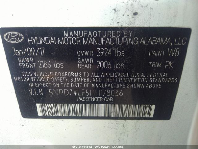 Photo 8 VIN: 5NPD74LF5HH178036 - HYUNDAI ELANTRA 