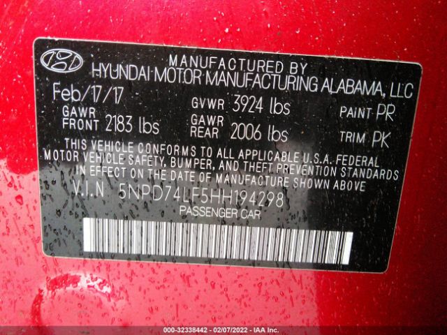 Photo 8 VIN: 5NPD74LF5HH194298 - HYUNDAI ELANTRA 