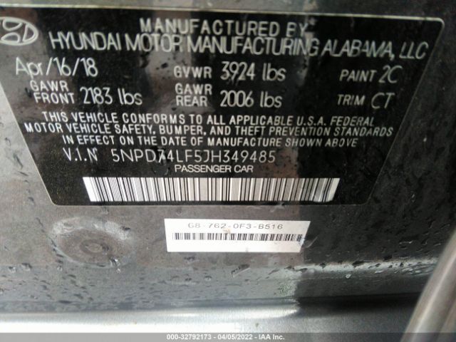 Photo 8 VIN: 5NPD74LF5JH349485 - HYUNDAI ELANTRA 