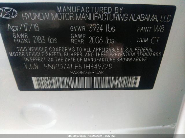 Photo 8 VIN: 5NPD74LF5JH349728 - HYUNDAI ELANTRA 