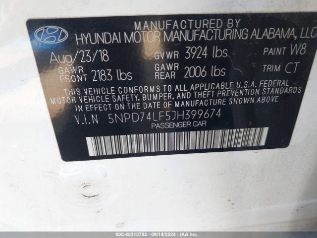 Photo 8 VIN: 5NPD74LF5JH399674 - HYUNDAI ELANTRA 