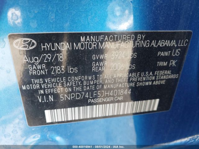 Photo 8 VIN: 5NPD74LF5JH401844 - HYUNDAI ELANTRA 