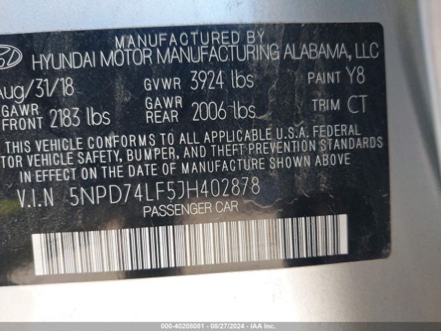 Photo 8 VIN: 5NPD74LF5JH402878 - HYUNDAI ELANTRA 